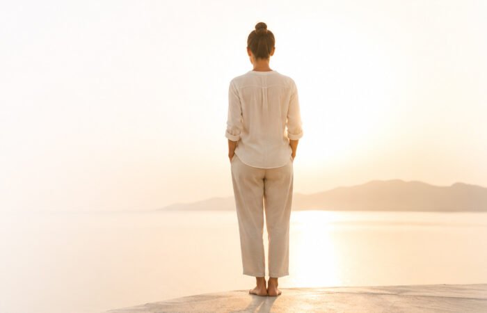 Minimal image of a person overlooking a calm sea at sunrise with ample white space.