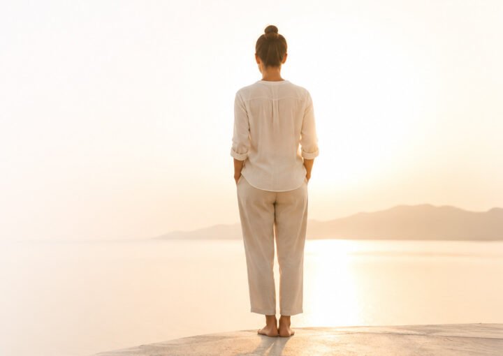 Minimal image of a person overlooking a calm sea at sunrise with ample white space.