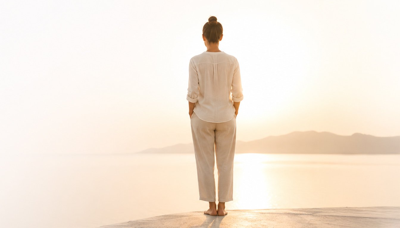 Minimal image of a person overlooking a calm sea at sunrise with ample white space.