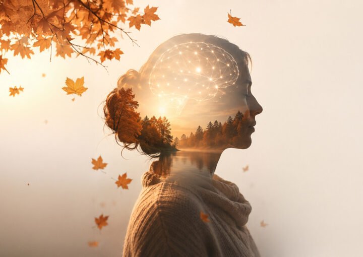 Woman in profile with autumn forest and glowing neural network overlaying her head, representing autumn blues and neurotransmitters
