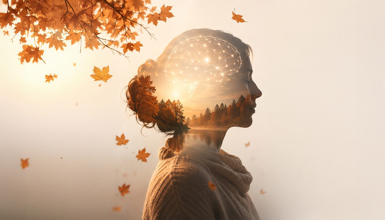 Woman in profile with autumn forest and glowing neural network overlaying her head, representing autumn blues and neurotransmitters